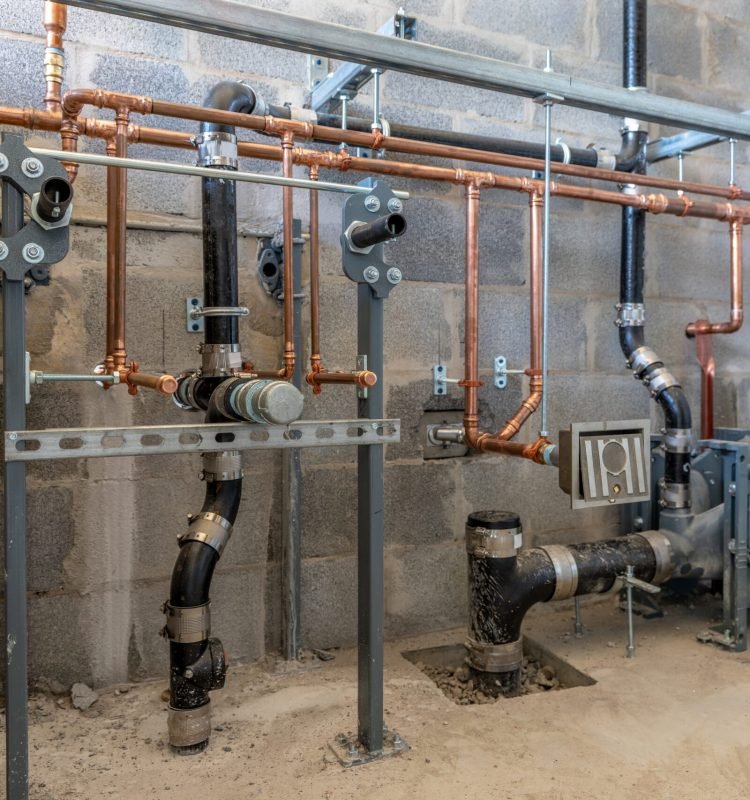 Sanitärinstallation im Rohbau mit Wasser- und Abwasserleitungen